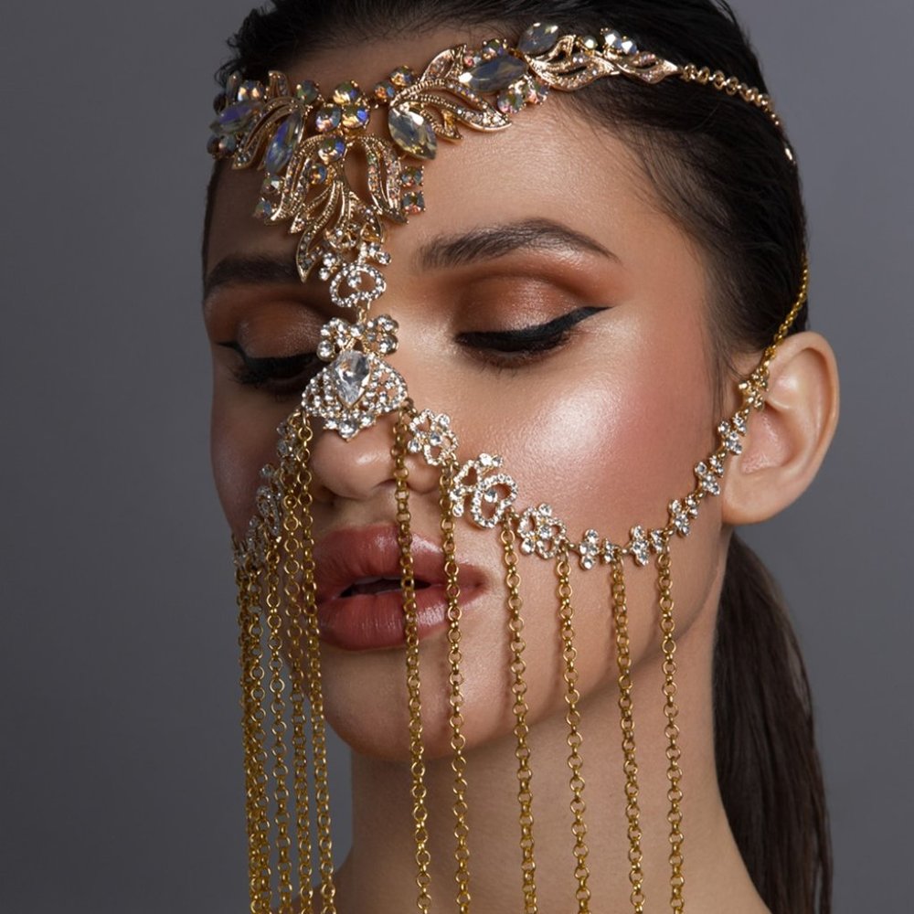 Crystal Face Chain Halloween Mask for Women Headpiece Tassel Hair Jewelry - Picture 2 of 6